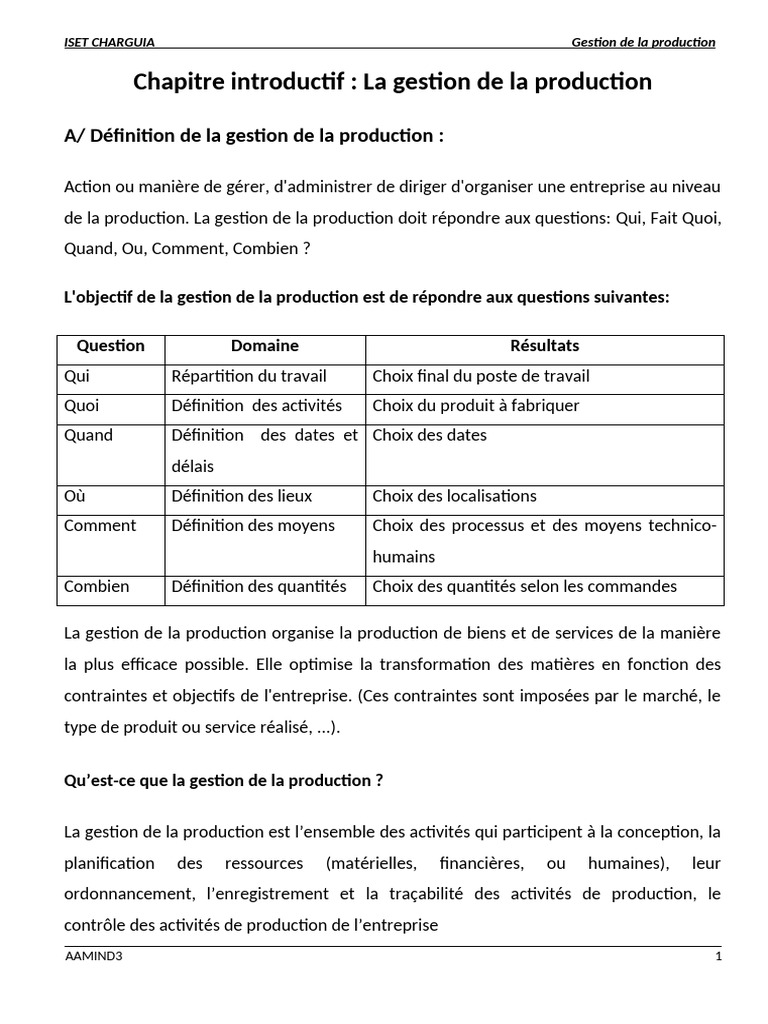 Gestion de la production en entreprise | PDF | Planification | Stockage ...