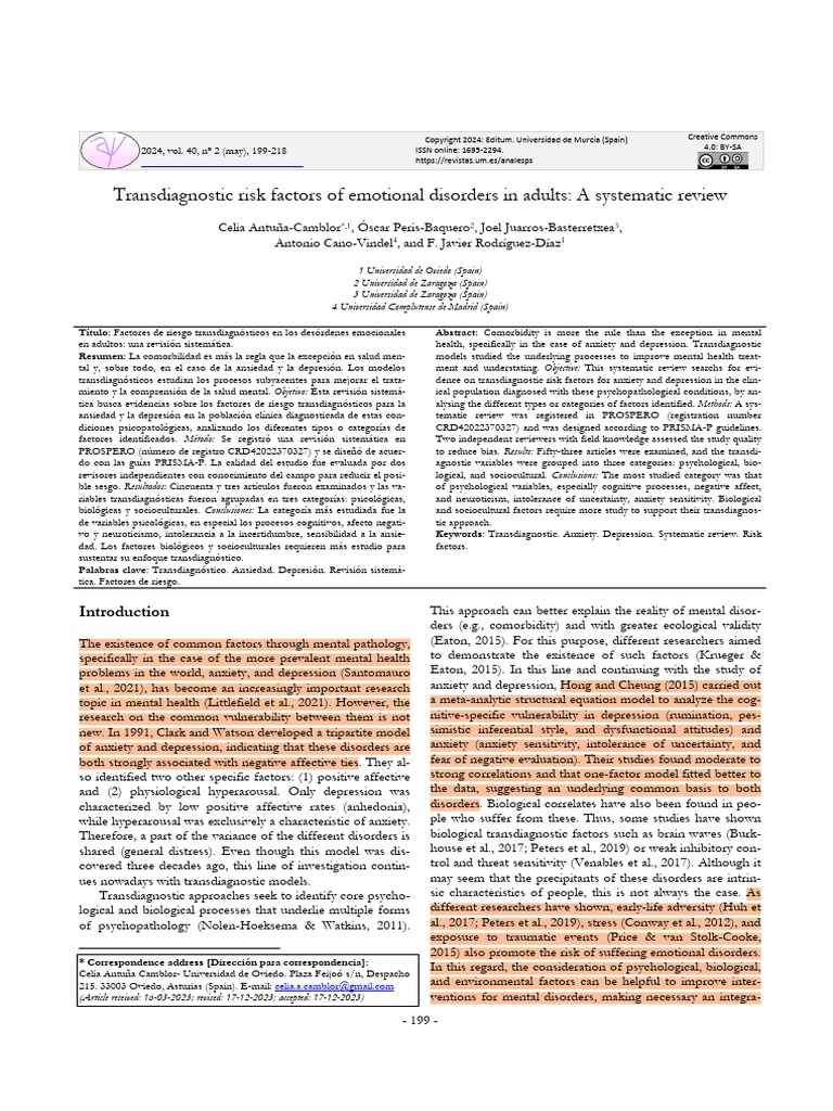 Transdiagnostic Risk Factors in Emotional Disorders | PDF | Anxiety ...