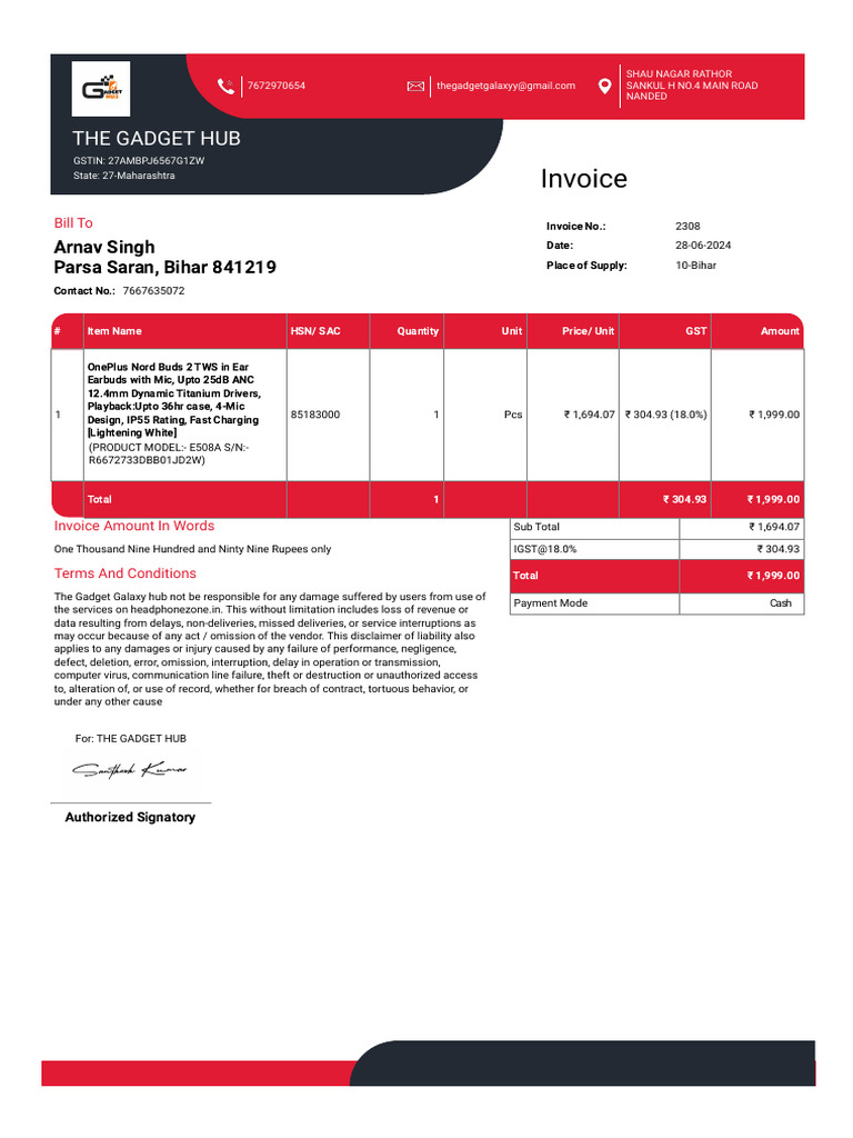 OnePlus Nord Buds Invoice ₹1,694.07 | PDF