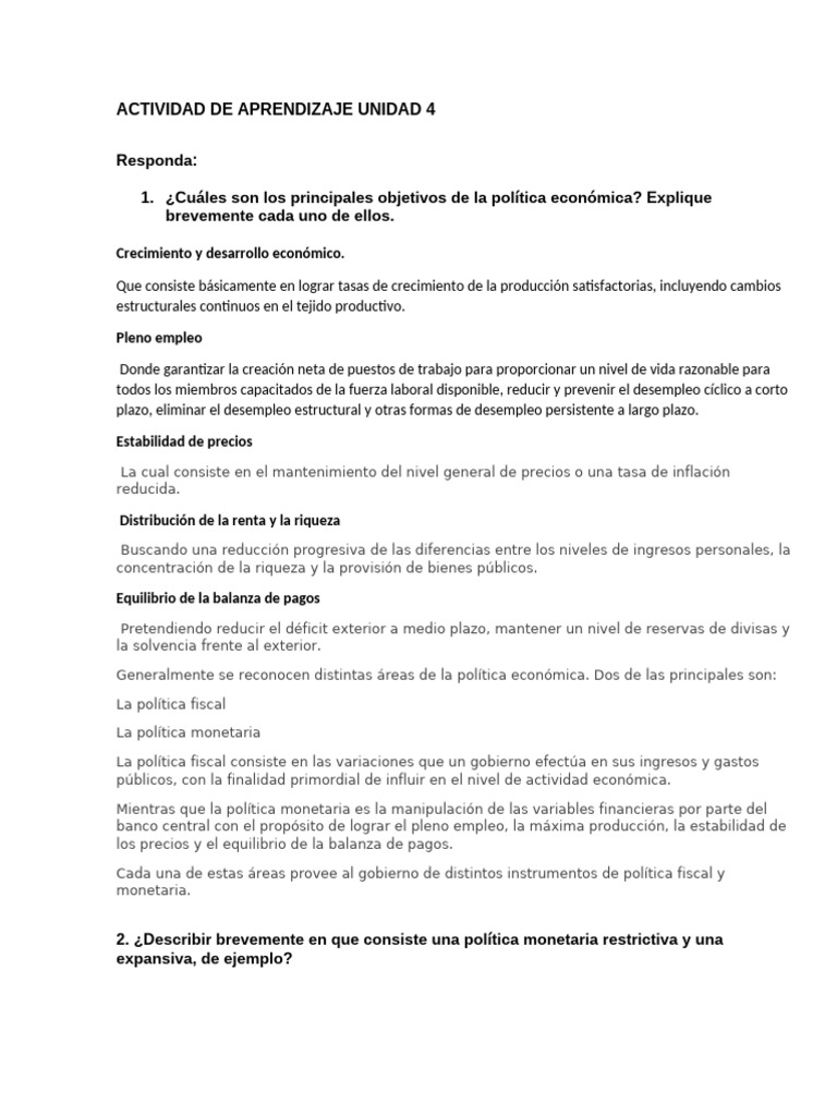 Actividad de Aprendizaje Unidad 4 | PDF | La política monetaria | La ...