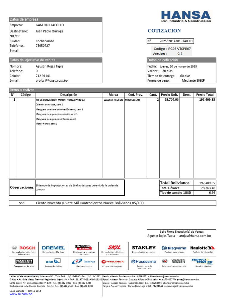 Cotización de KIT MOTOR HONDA en Bolivia | PDF