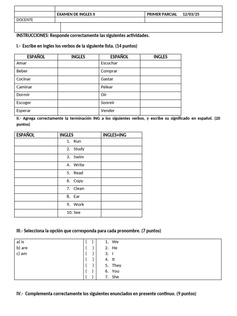 Examen de Ingles II Parcial I | PDF