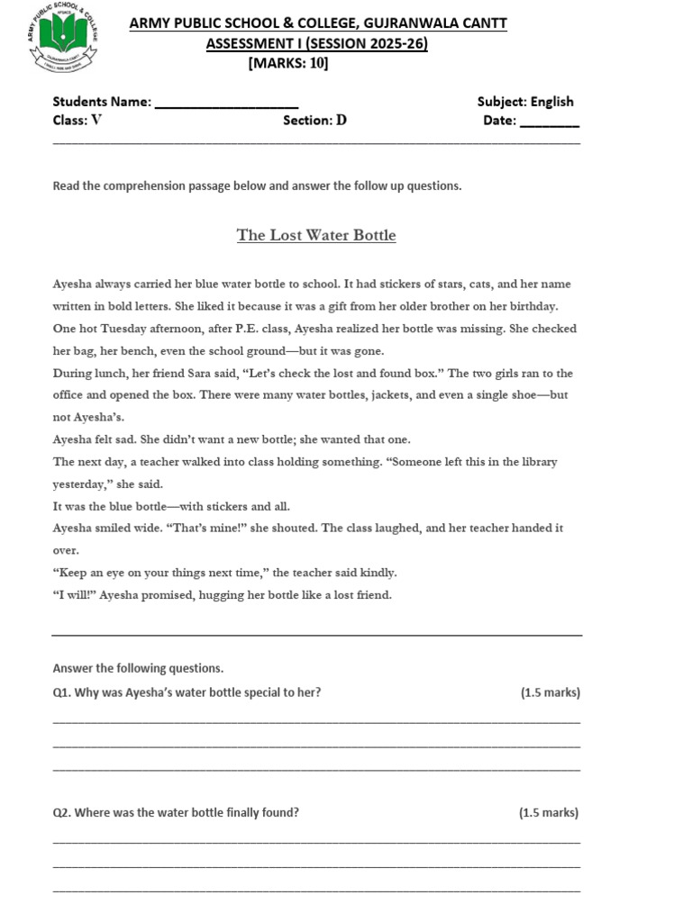 English Assessment for Class V Students | PDF