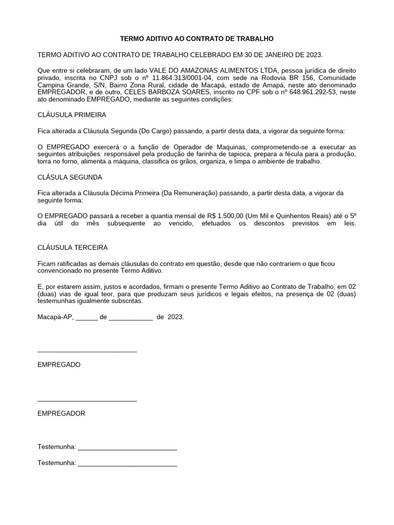 Termo Aditivo ao Contrato de Trabalho | PDF