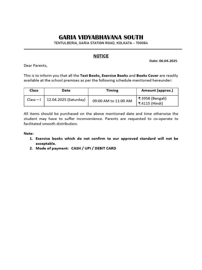 Notice For Books, Copies & Cover Distribution - Class I | PDF
