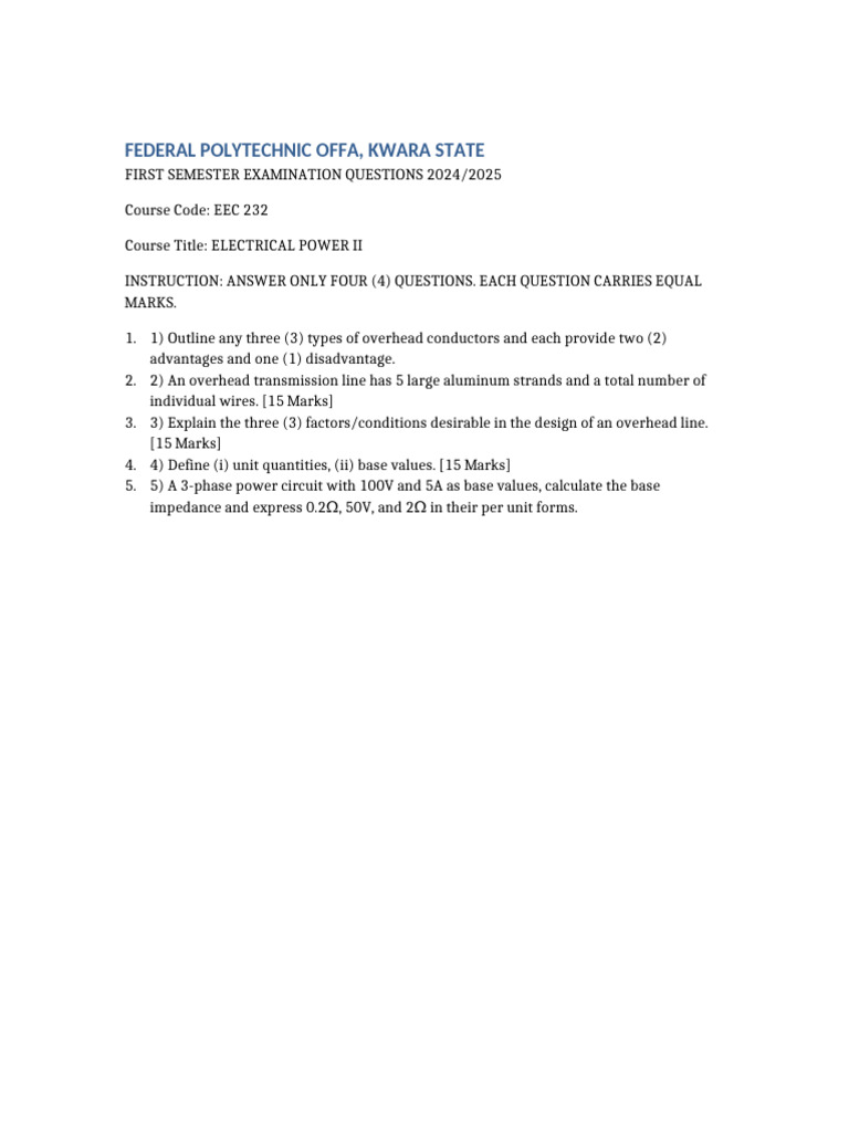 Electrical Power II Exam Questions | PDF