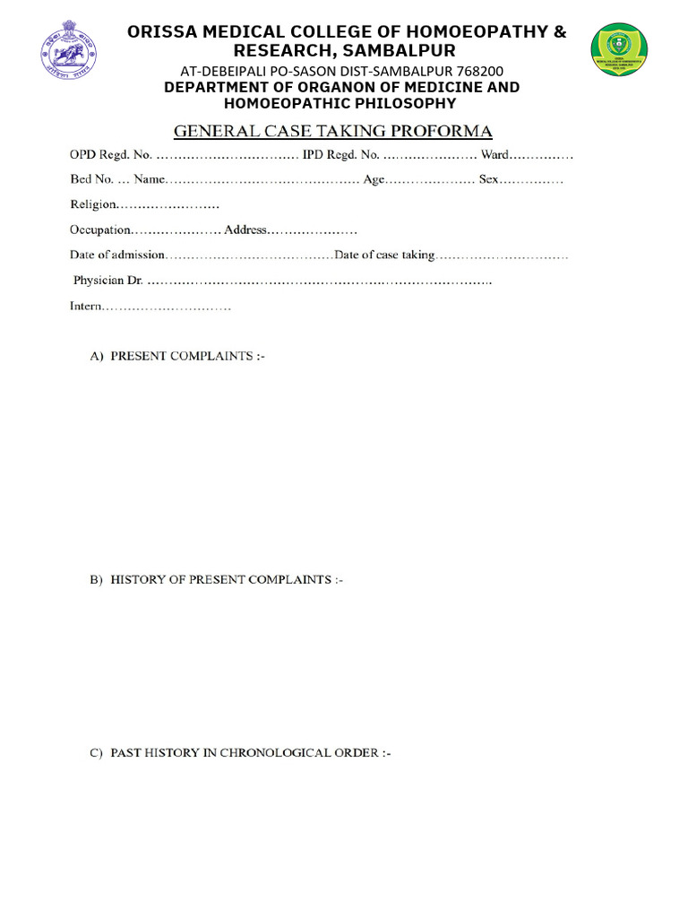 Homoeopathic Case Taking Format | PDF