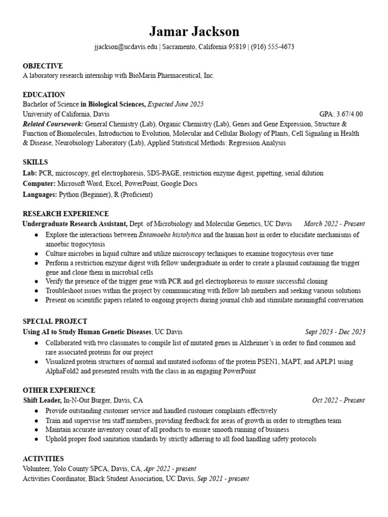 Jamar Jackson's Lab Internship Resume | PDF | Proteins | Molecular Biology