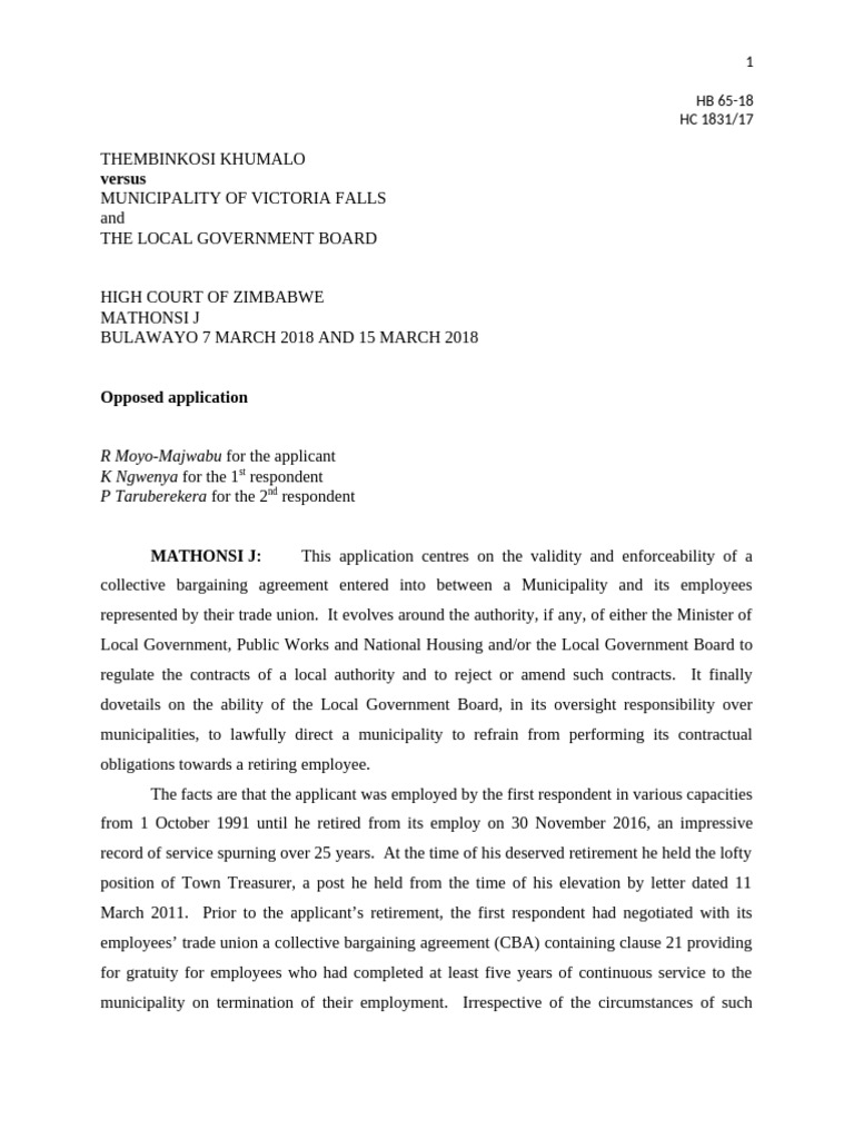 HB 65-18 HC 1831-17 Thembinkosi Khumalo V Municipality of Victoria ...