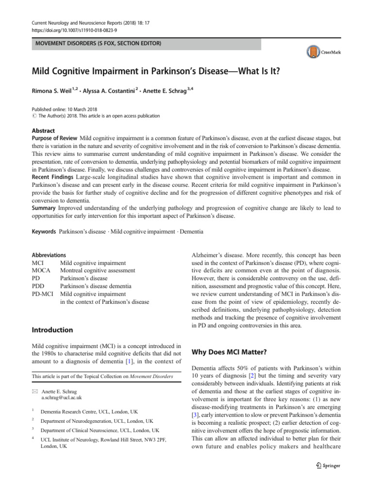 Mild Cognitive Impairment in Parkinson's Disease | PDF | Dementia ...