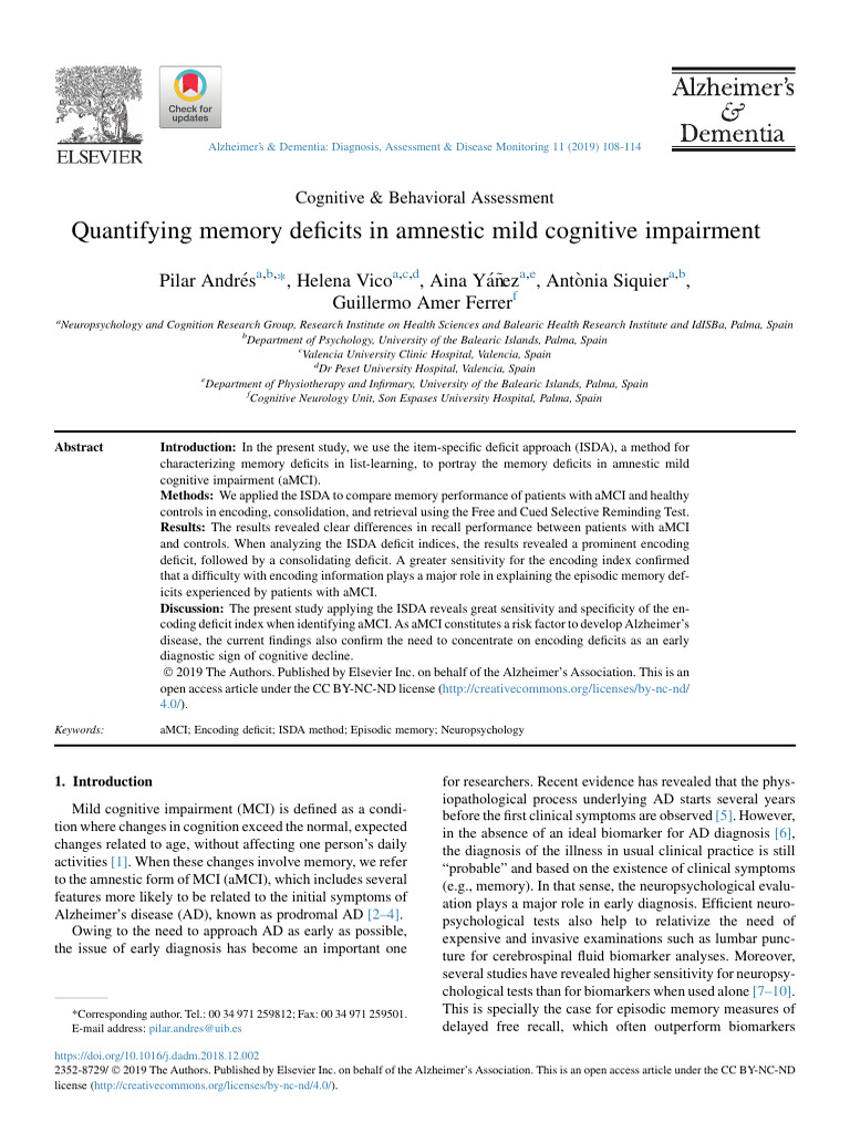 Quantifying Memory Deficits in Amnestic Mild Cognitive Impairment | PDF ...