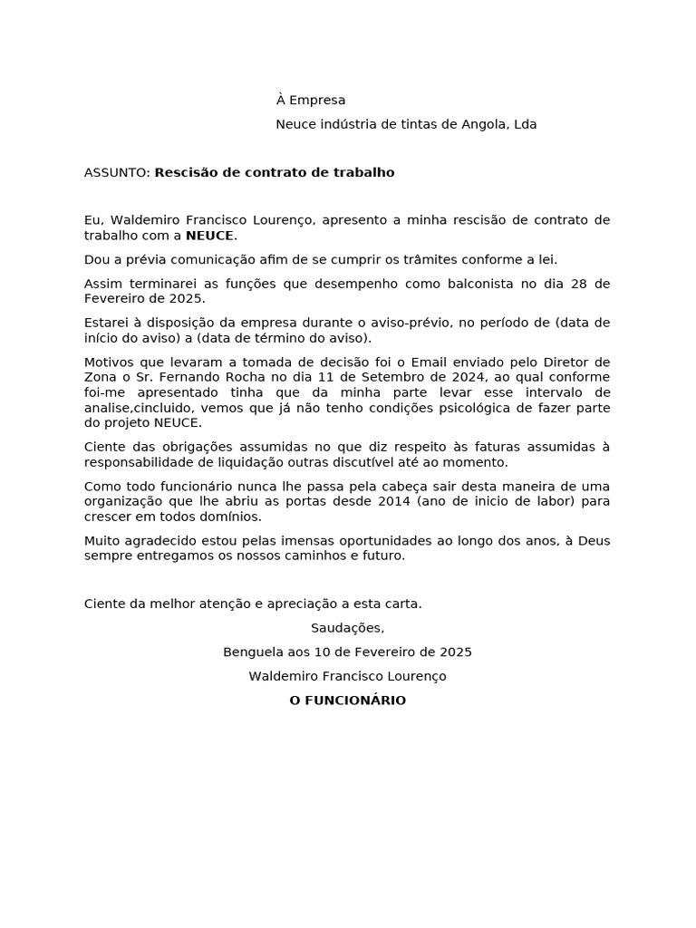 Carta de Rescisão de Contrato de Trabalho | PDF