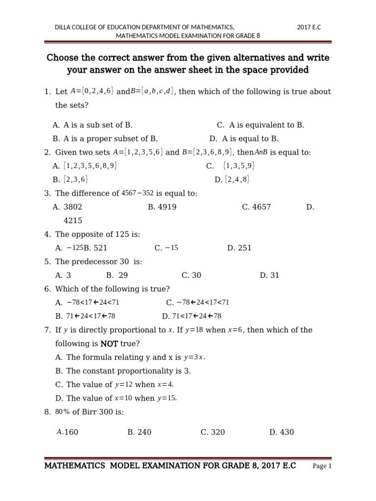Maths Model exam for grade 8 | PDF | Mathematics