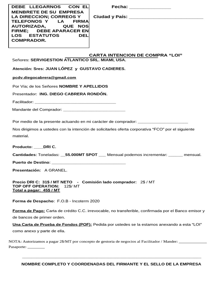Ejemplo de Carta LOI para Compra | PDF