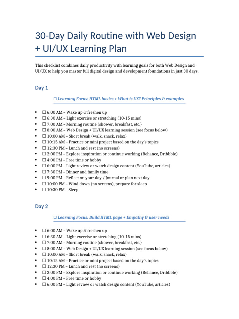 30-Day Web Design & UI/UX Plan | PDF | Web Design | Sleep