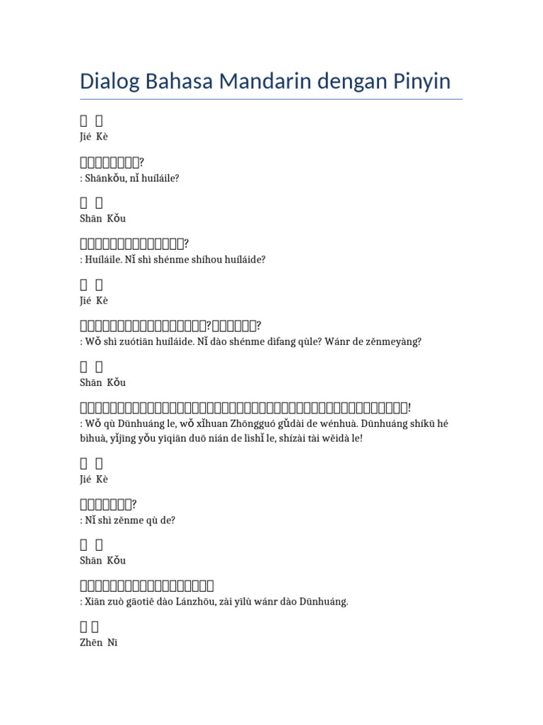 Dialog Mandarin Dengan Pinyin | PDF