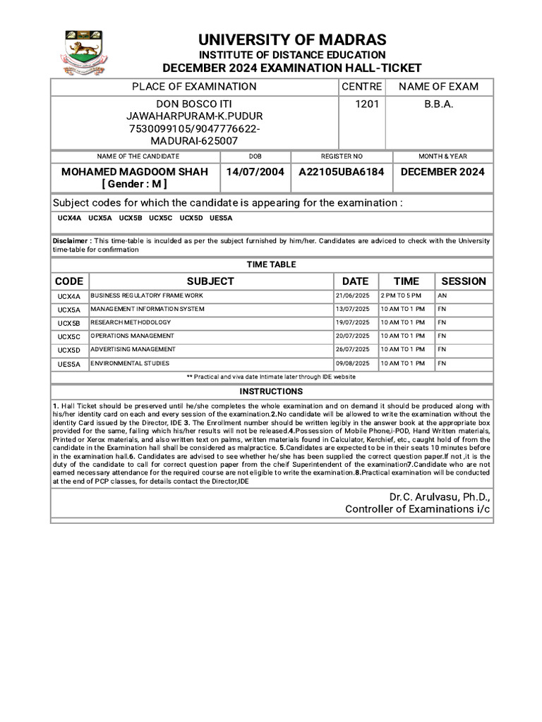 BBA December 2024 Exam Hall Ticket | PDF
