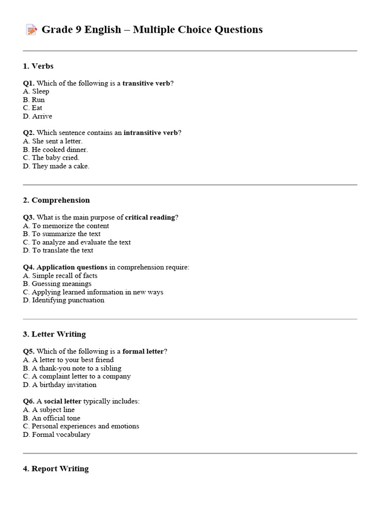 Grade 9 English Exam Questions | PDF | English Language | Syntax
