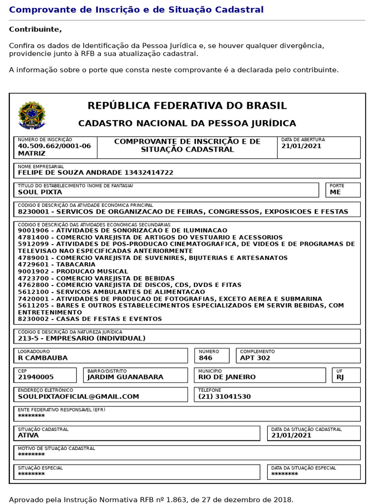 521 A) Comprovante de Inscrição e de Situação Cadastral Do Cadastro ...