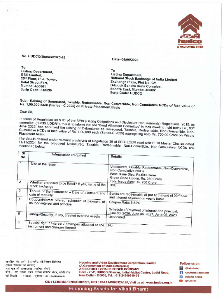 HUDCO NCDs Issue Details 2025-26 | PDF | Interest | Debenture