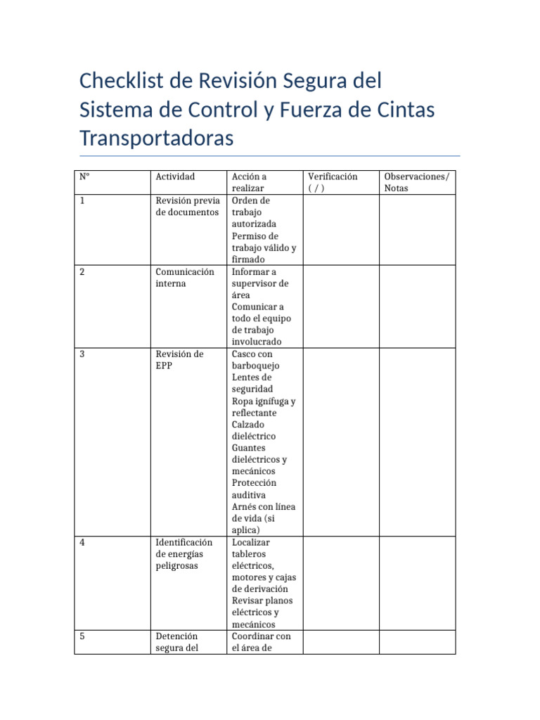 Checklist de Seguridad para Cintas Transportadoras | PDF | Electricidad