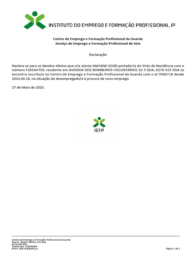 Declaração de Inscrição no IEFP Guarda | PDF