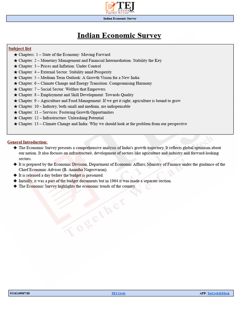 Indian Economic Survey - English Notes | PDF | Inflation | Agriculture