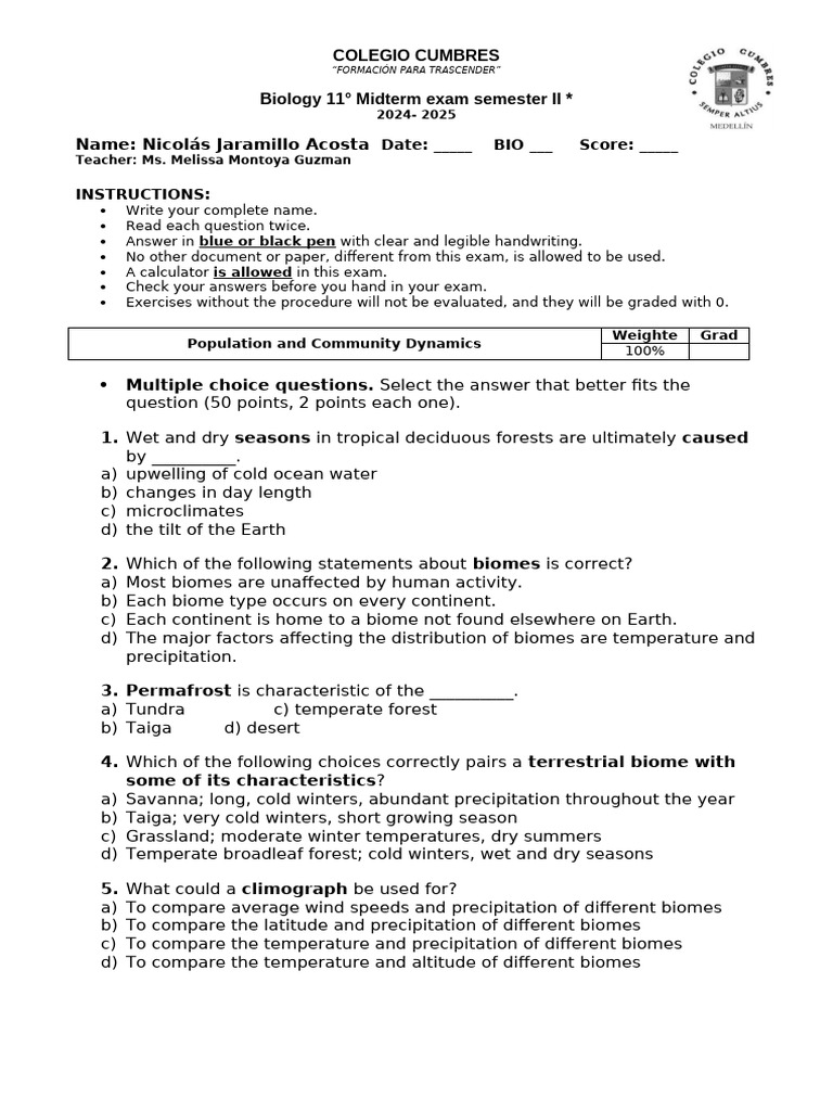 Biology Midterm Exam 11th Grade 2024 | PDF | Ecology | Ecosystem