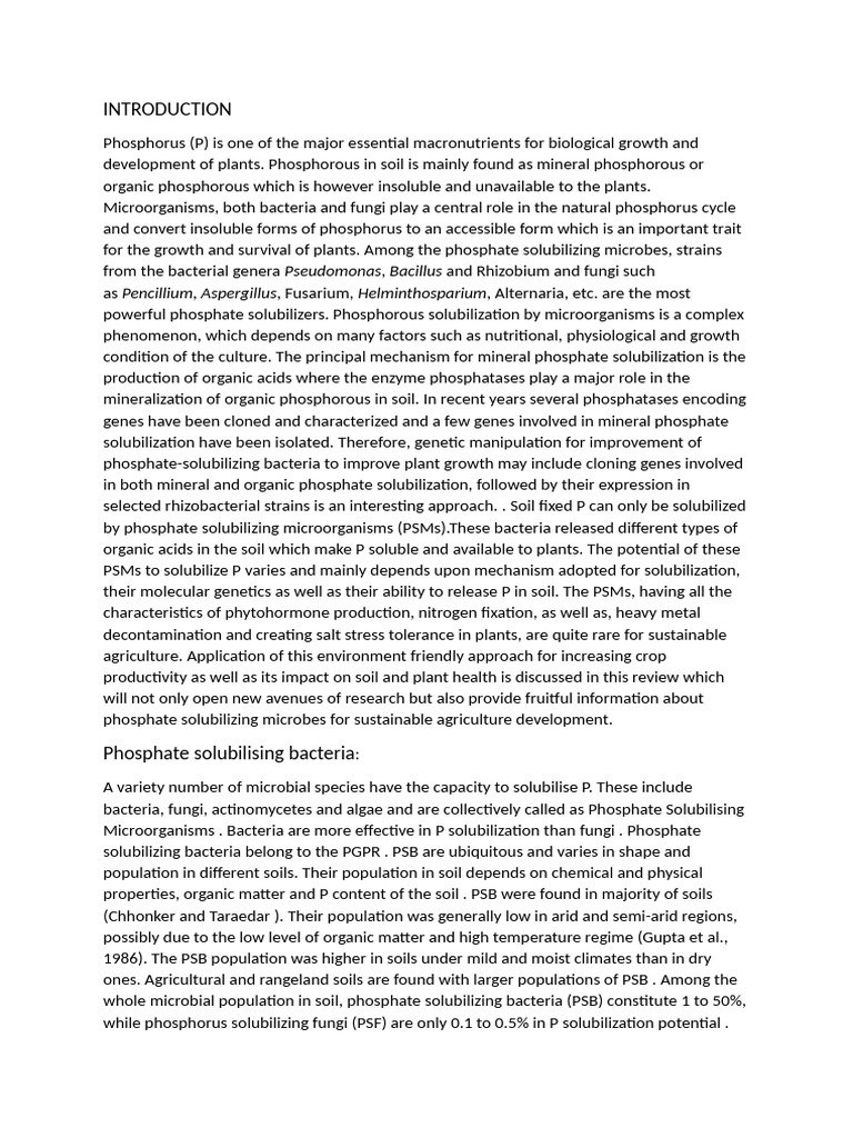 Phosphate Solubilising Bacteria | PDF | Soil | Microorganism