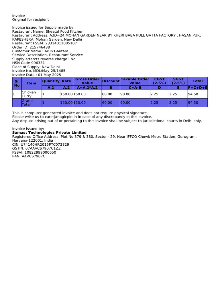 Invoice for Sheetal Food Kitchen | PDF