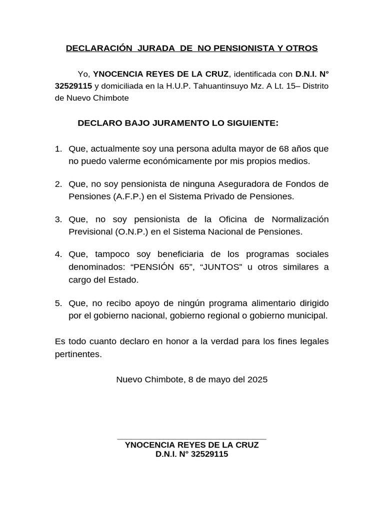 Declaracion Jurada de No Pensionista y Otros | PDF