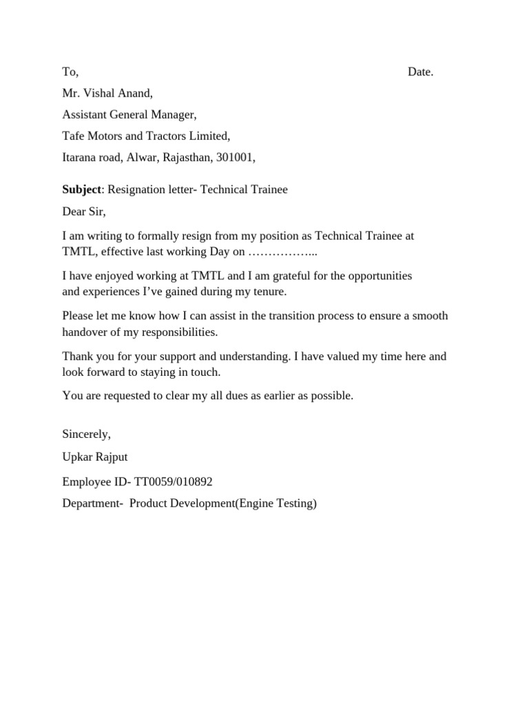 Resignation Letter from Technical Trainee | PDF