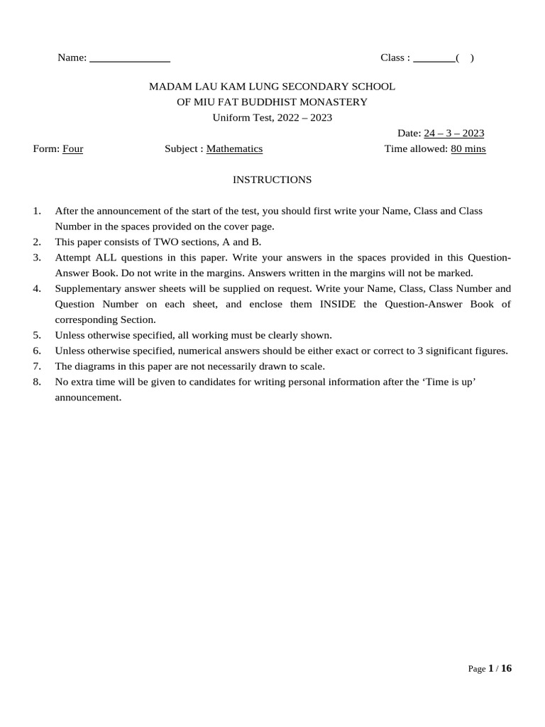 2022-2023 F4 MAT UT (Question) | PDF | Mathematics