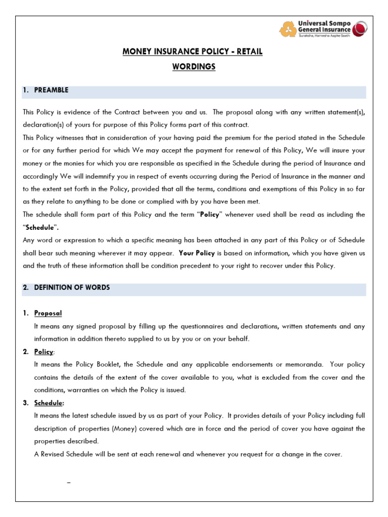 Retail Money Insurance Policy Details | PDF | Insurance | Indemnity