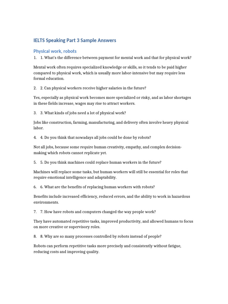 IELTS Speaking Part 3 Sample Responses | PDF | Robot | Robotics