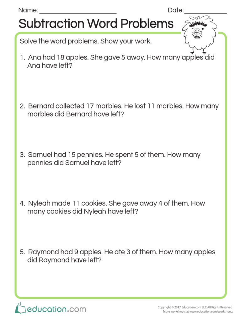 Subtraction Word Problems | PDF