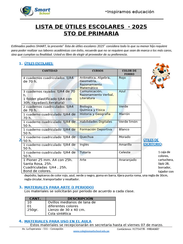 Lista de Útiles 2025 para 5to Primaria | PDF | Percepción visual | Color