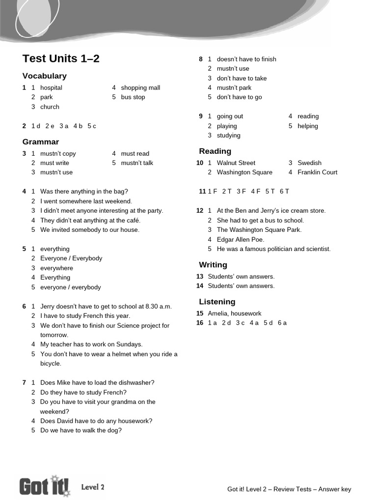 Got It! Level 2 Answer Key | PDF