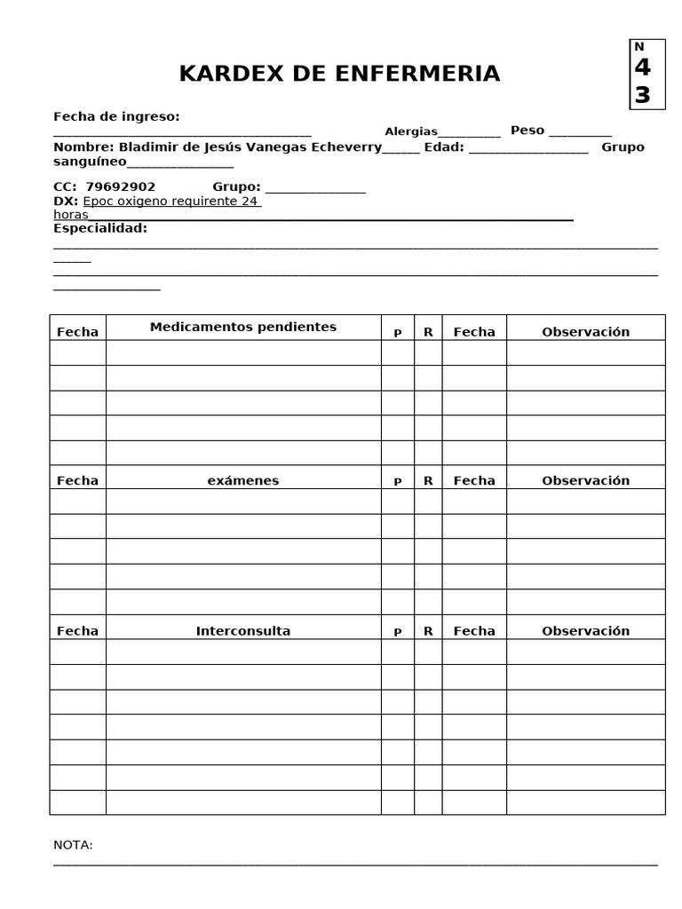 Ejemplo de Kardex de Enfermería | PDF