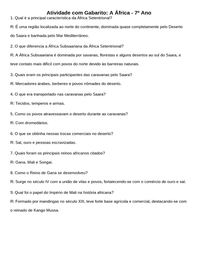 Atividade sobre a África para 7º Ano | PDF