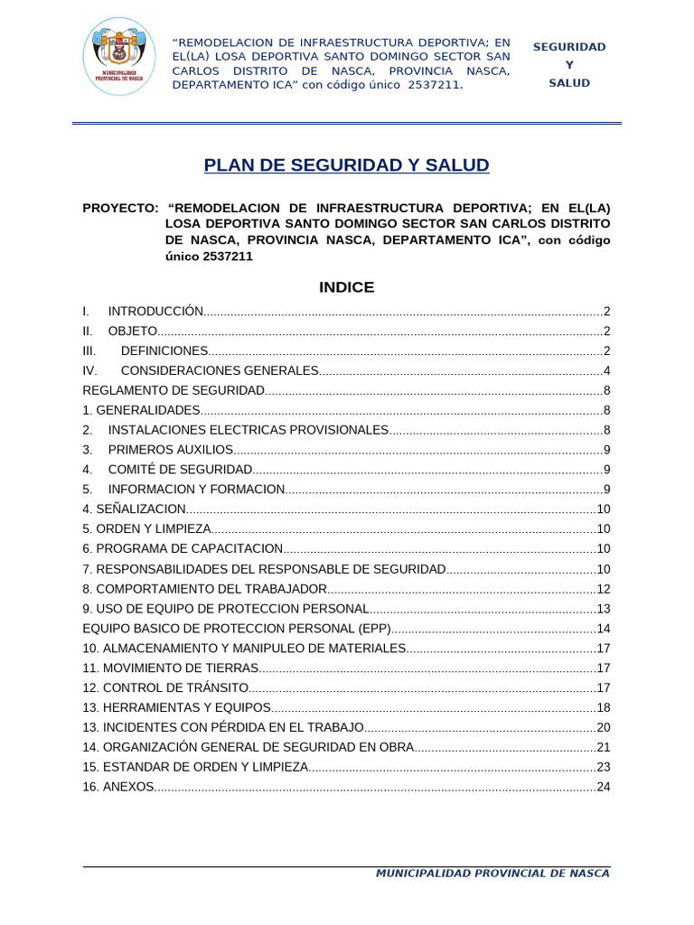 Plan de Seguridad en Remodelación Deportiva | PDF | Seguridad y salud ...