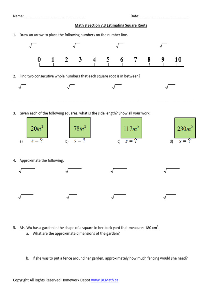 Estimating Square Roots Worksheet | PDF