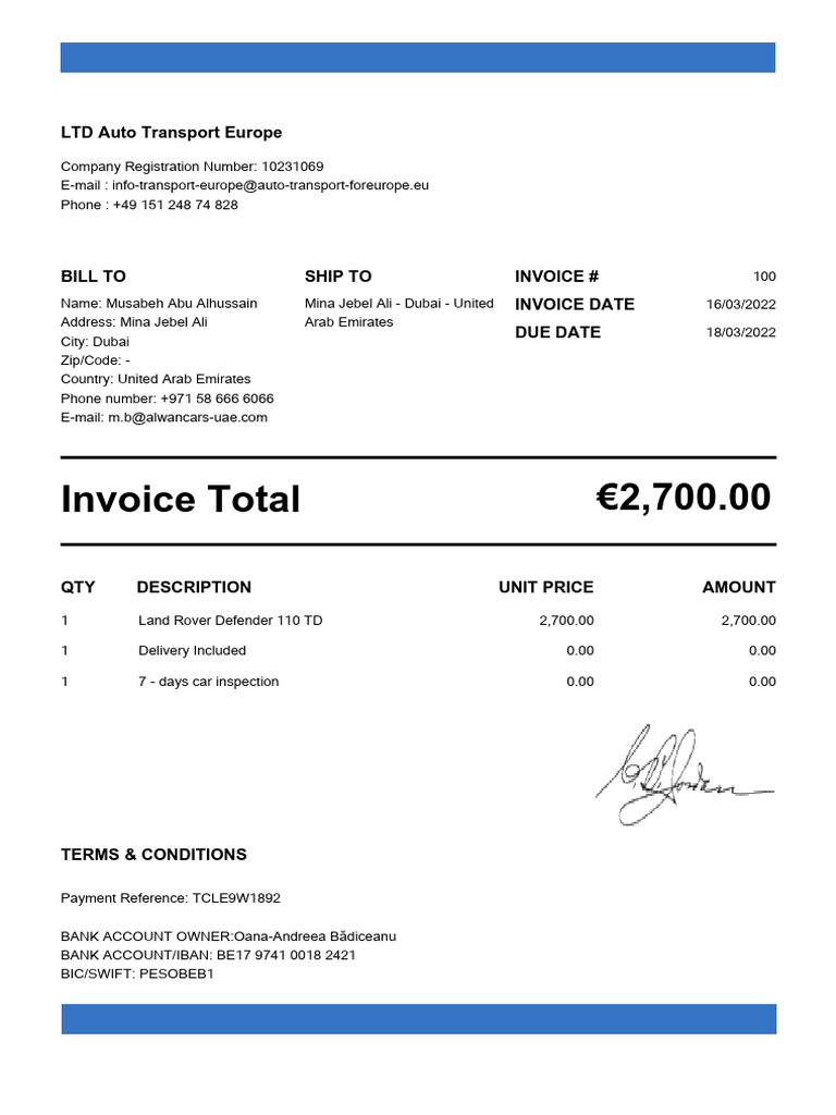 Invoice for Land Rover Transport EU | PDF