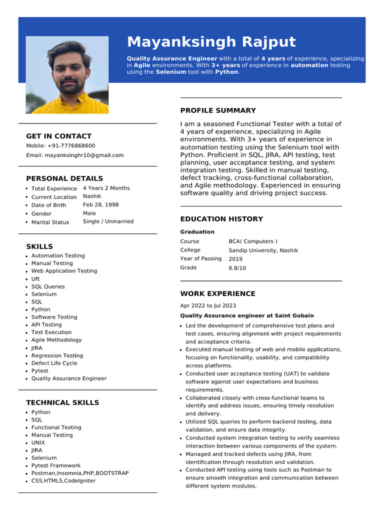 Resume 2024-05-02 8046622 | PDF | Selenium (Software) | Software Testing