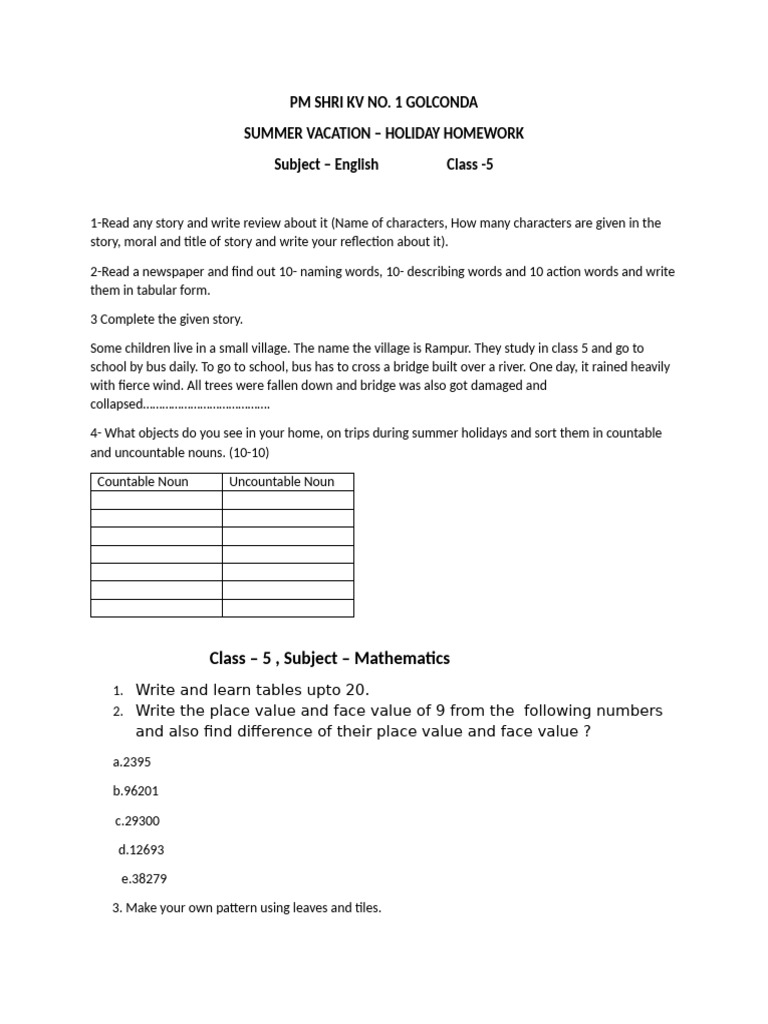 Class 5 Summer Holiday Homework | PDF | Linguistic Morphology | Grammar