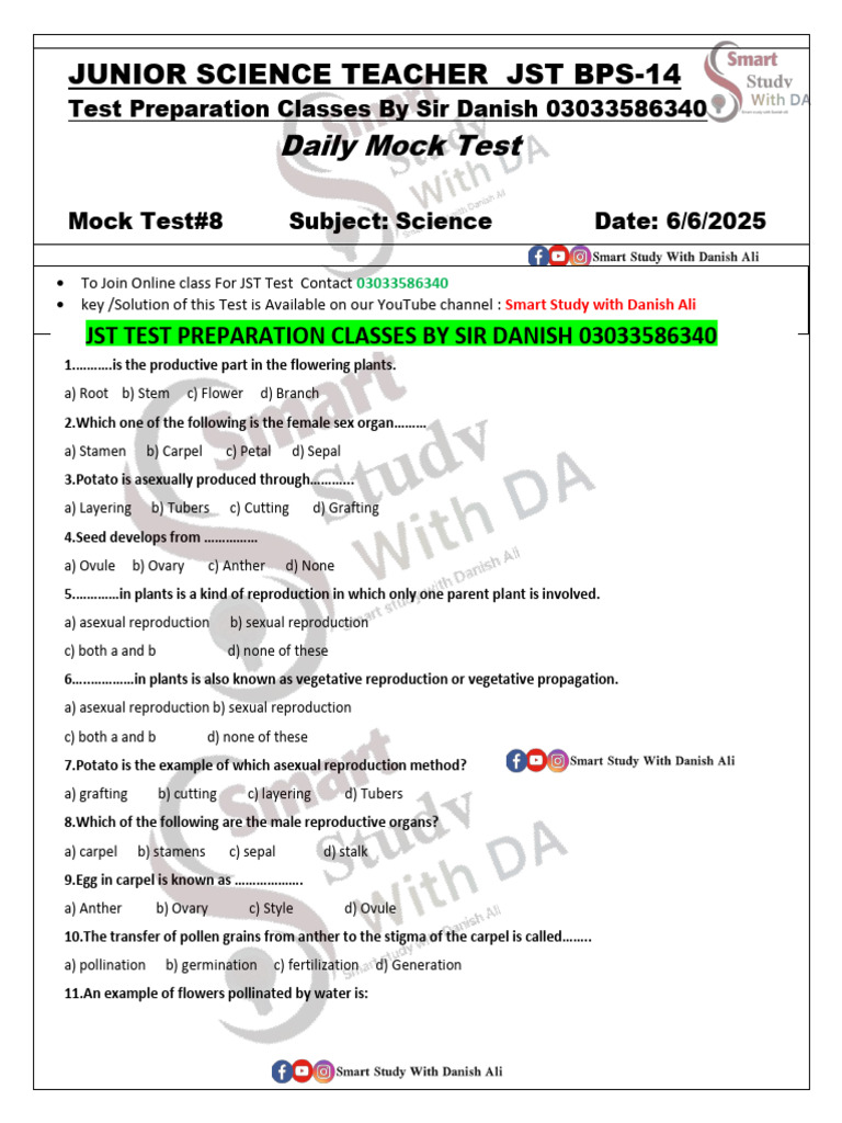 Mock Test 8 JR Science Teacher Test | PDF | Flowers | Pollination