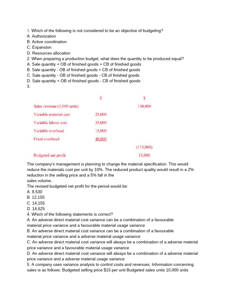 Budgeting and Variance Analysis Questions | PDF | Budget | Profit ...