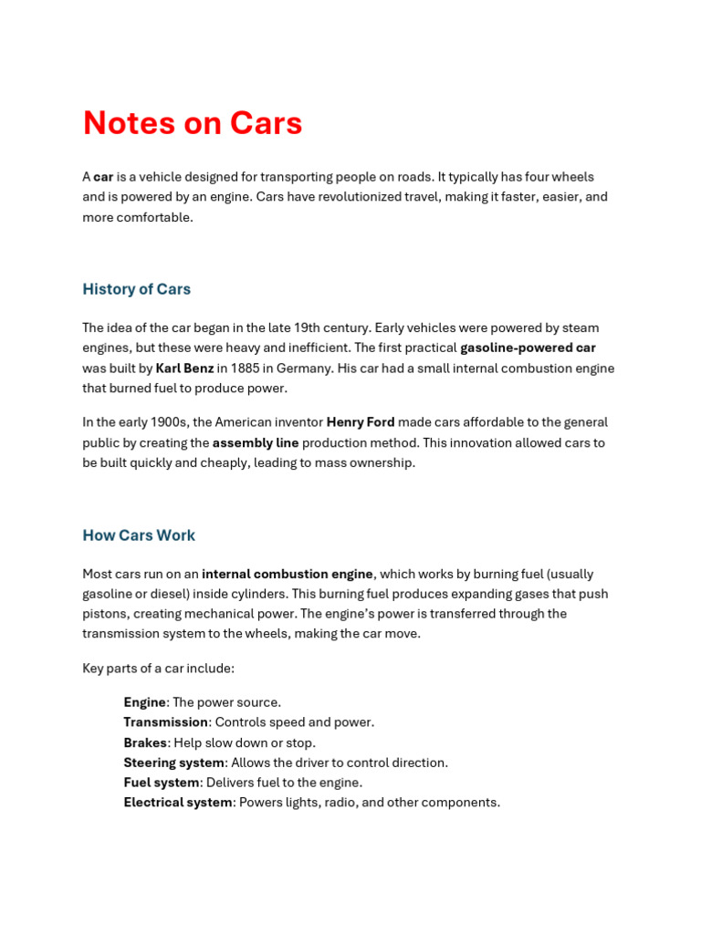 Notes On Cars | PDF | Car | Internal Combustion Engine