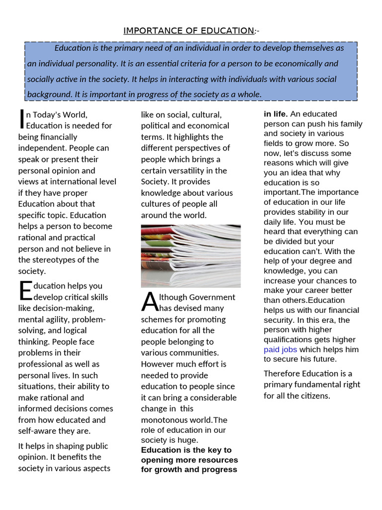 Importance of Education | PDF | Rationality | Knowledge