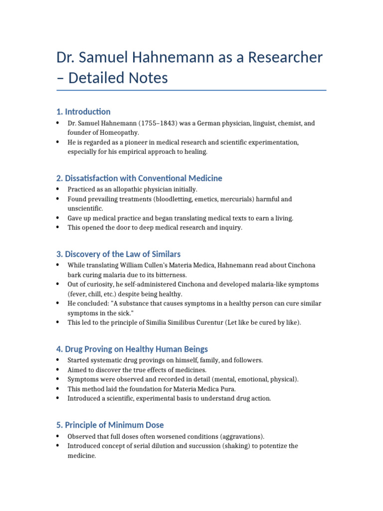 Dr Hahnemann as a Researcher Notes | PDF | Homeopathy | Medicine
